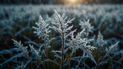 Canvas Print - Frost covered weeds in winter landscape background