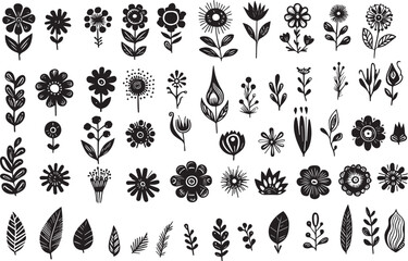 Naive organic abstract flowers set vector illustration. Art design summer black and trendy shape doodle. Vintage floral element groovy and blossom drawing. Collection collage vector