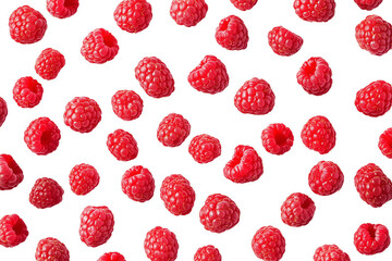 Wall Mural - A pattern of scattered red raspberries fruit on a transparent background