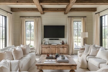 Wall Mural - Cozy farmhouse living room with shiplap walls and wooden accents in a serene setting