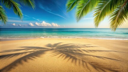 Wall Mural - Sandy beach with shadow of palm leaves in background, beach, tropical, vacation, palm trees, shadows, sunlight, relaxation