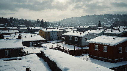 Canvas Print - Snow covered rooftops in winter landscape background