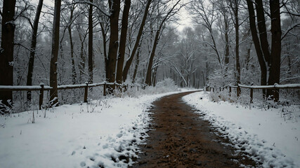 Poster - Snow covered woodland paths in winter landscape background