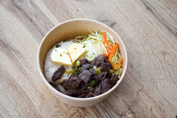 Korean food with beef and egg heart and rice