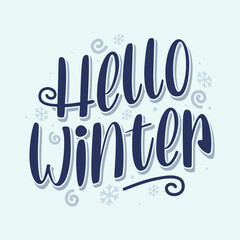 Canvas Print - Hello winter handwritten lettering greeting card, wallpaper, poster, banner. Winter editable text logo with snowflake.