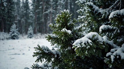 Poster - Snow laden evergreens in winter landscape background