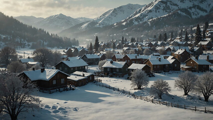 Wall Mural - Snowy village nestled in winter landscape background