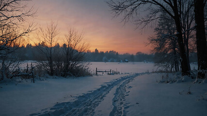 Canvas Print - Winter twilight in snowy landscape winter landscape background