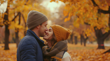 Romantic couple, a woman and man, sharing a kiss in an autumn park, love and affection, set in a nature and happy environment, as a young family together, enjoying a romantic relationship