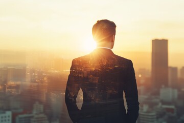 Poster - A successful businessman stands confidently, admiring the stunning sunset skyline while reflecting on his ambitious journey marked by determination, leadership, and personal growth