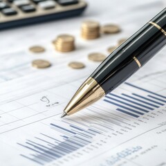 Wall Mural - Close-up of pen on financial documents with charts and coins, representing business analysis, budget planning, and investment strategies.