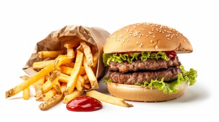 Wall Mural - Delicious burger with fresh lettuce and two patties alongside crispy fries in a paper bag. Perfect for fast food lovers. Enjoy this tasty meal anytime. AI