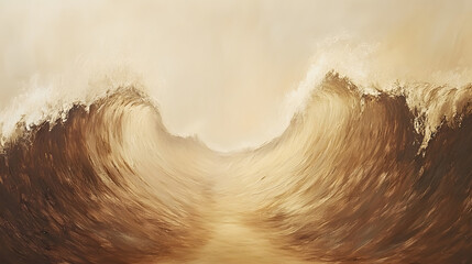 Wall Mural - visible brushstrokes of two waves colliding, forming a dry path in the middle. The scene is set on an ocean shore, with light brown hues and soft tones in color