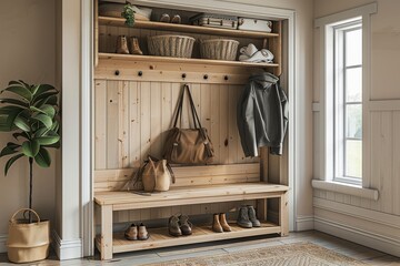 Light Wood Hall Tree with Shoe Bench and Coat Rack in Entryway, Neutral Colors, Handbag Hanging