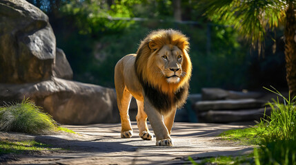 Lion at the zoo, a wildlife animal and predator, featuring a carnivore in a dangerous nature portrait, as a big and wild cat, in an African safari jungle setting