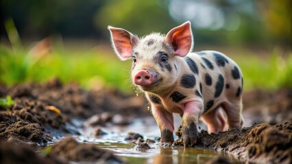 adorable spotted piglet playing in the mud, piglet, farm animal, playful, cute, spotted, black and w
