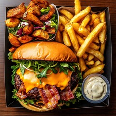 Wall Mural - Flat Lay of Juicy Burger with Crispy Fries and Dipping Sauce.