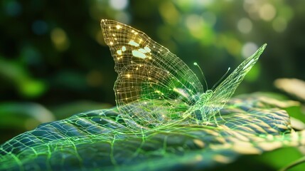 Poster - Wireframe butterfly in vivid green on a leaf, blending abstract design with natural beauty in a vibrant garden backdrop.