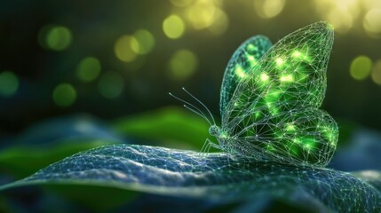 Poster - Wireframe butterfly in vivid green on a leaf, blending abstract design with natural beauty in a vibrant garden backdrop.
