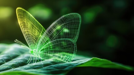 Poster - Wireframe butterfly in vivid green on a leaf, blending abstract design with natural beauty in a vibrant garden backdrop.