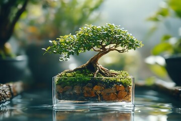 Wall Mural - Bonsai Tree in Glass Container with Moss and Stones - Realistic Image