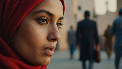 Wall Mural - A Muslim woman in a red headscarf symbolizing religious tolerance and diversity.