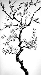 Poster - Black Ink Illustration of a Blooming Cherry Tree Branch