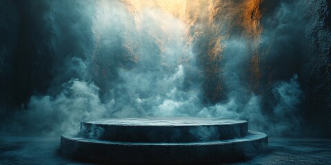 Eerie Halloween scene featuring a concrete podium emerging from dark smoke, perfect for haunted event designs, spooky parties, or Halloween promotions, with copy space.