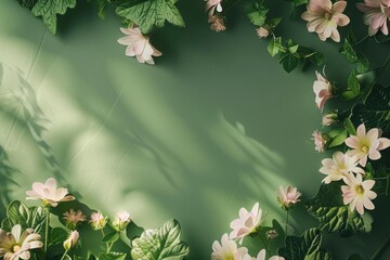 Sticker - Pink flowers and green leaves on a green background