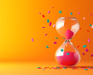 Colorful hourglass with red sand on vibrant orange background, surrounded by celebratory confetti, symbolizing time and celebration.