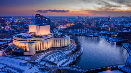 Wall Mural - Winter opera in Bydgoszcz, Poland. Aerial view of winter, Bydgoszcz