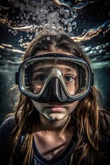 Wall Mural - Girl exploring underwater in diving mask during a bright, sunny day. Generative AI