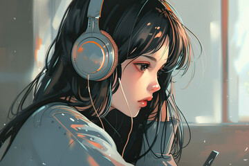 A woman wearing headphones is listening to music, generative ai image.,