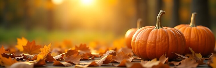 Wall Mural - two pumpkins surrounded by fallen autumn leaves, illuminated by warm, golden sunlight