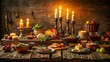 © Vibrant Visions Pixe - Medieval feast on rustic wooden table with candlelight, medieval, feast, table, rustic, candlelight, food, banquet