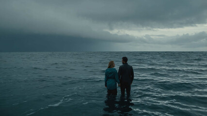 man and woman in Overcast ocean background