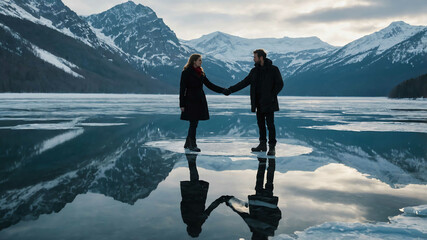 Wall Mural - man and woman in Reflections on icy lake background