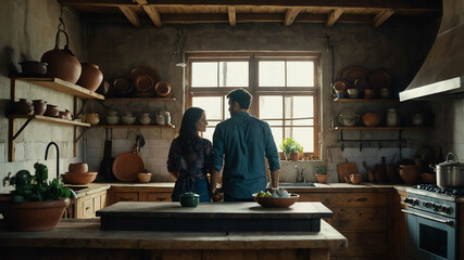 man and woman in Rustic kitchen with hanging pots background