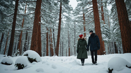 Wall Mural - man and woman in Snow covered pine trees background