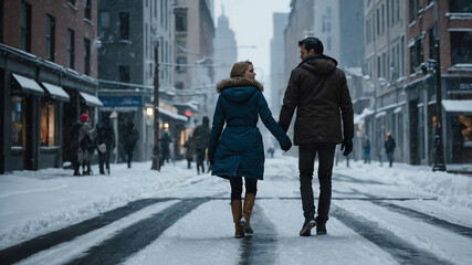 Wall Mural - man and woman in Snowy city street background