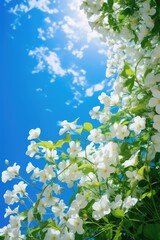 Sticker - White Flowers and Green Leaves Against a Blue Sky