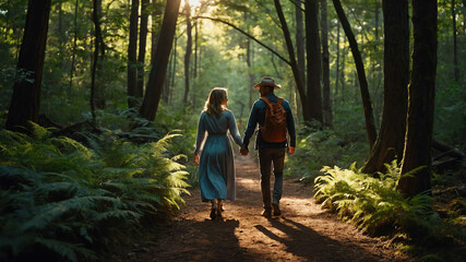 Wall Mural - man and woman in Sunlit forest path background