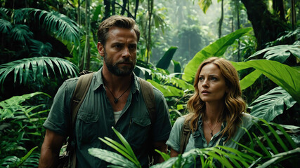 man and woman in Verdant jungle background