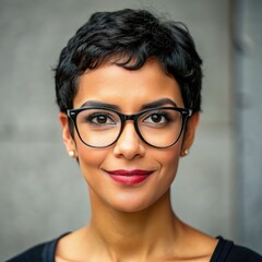 Portrait of a Brazilian woman with short black hair and glasses in natural light. Generative AI