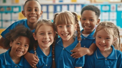 Happy children in blue shirts smiling together in a classroom setting. They show friendship, joy, and a love for learning.