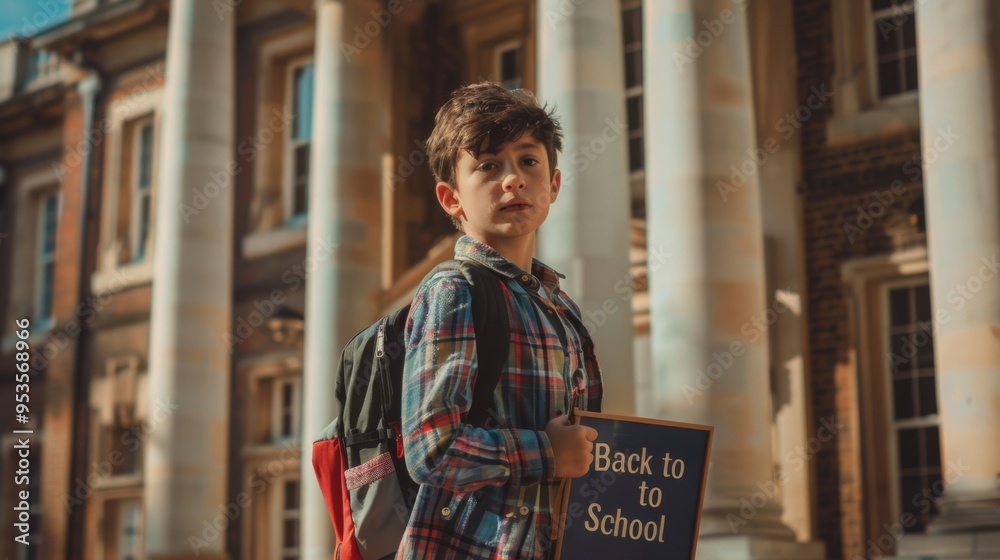 Young boy with backpack stands in front of school building. Back to ...
