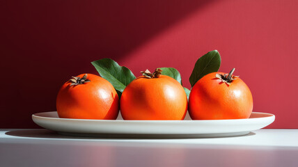 Three oranges are on a white plate. The oranges are ripe and ready to eat