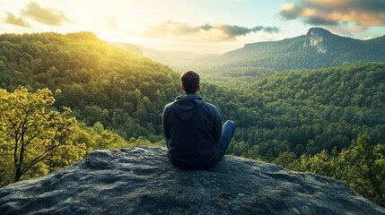 A man is sitting on a rock in a forest