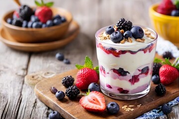 Close-up of a Summer berries yogurt fool dessert on a wooden table with copy space.