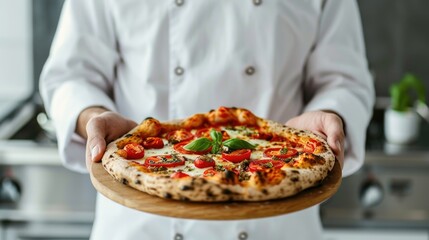 Wall Mural - Chef holding pizza on wooden board